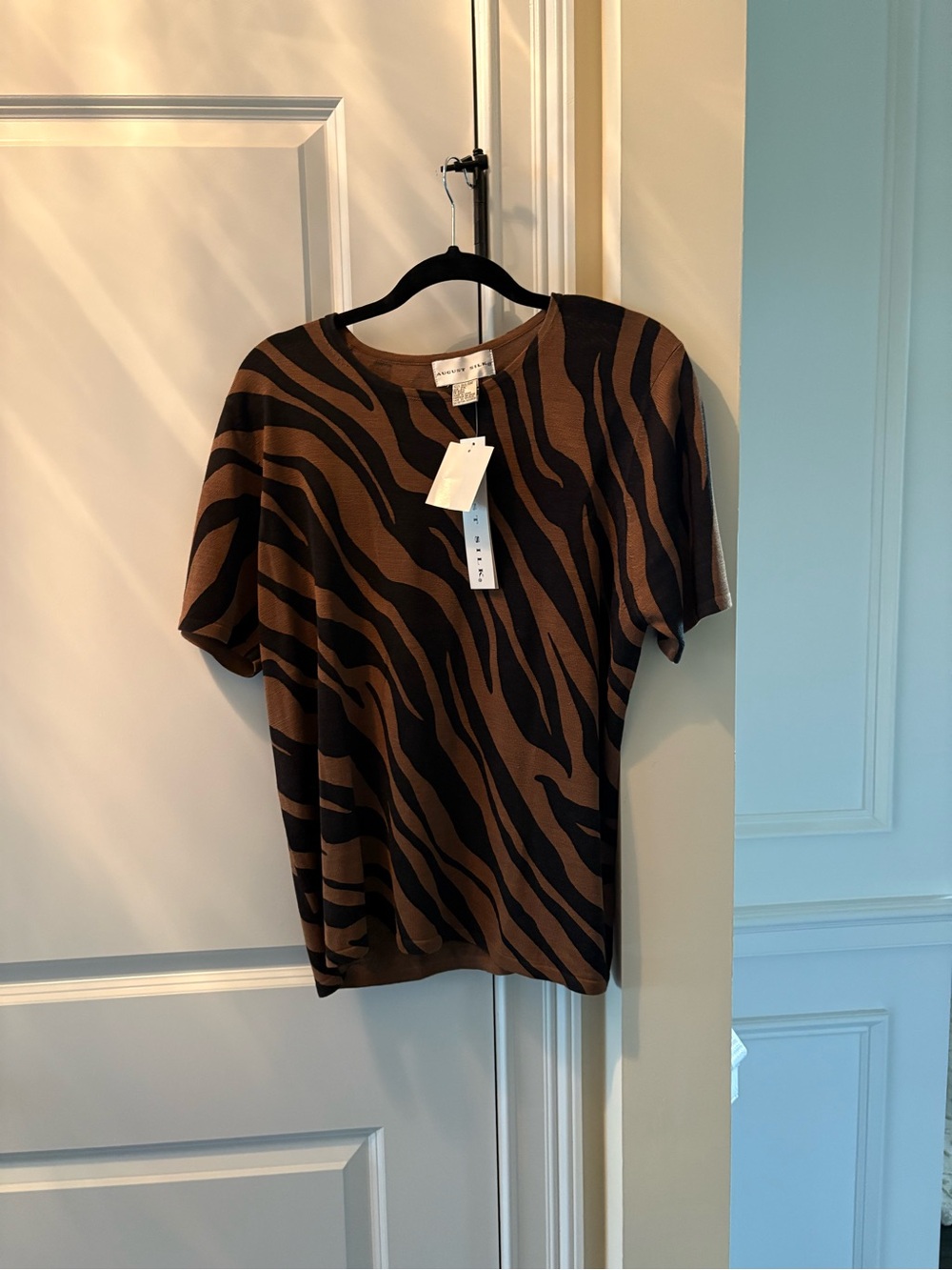 August Silk Brown and Black Zebra Stripe Short Sleeve Top